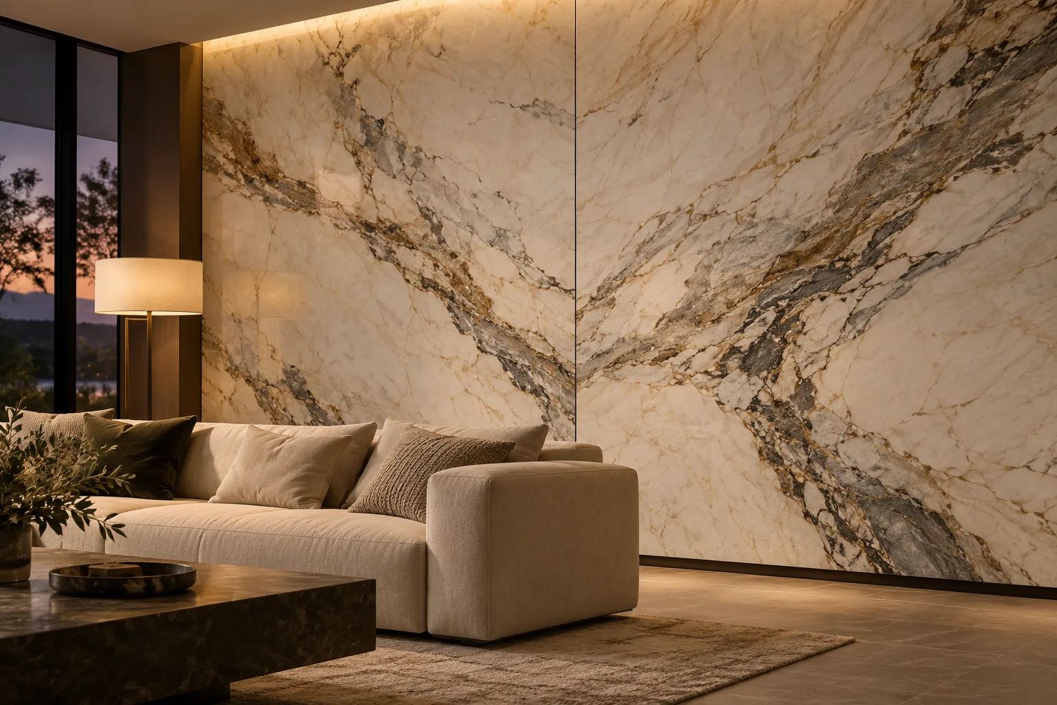 Book-matched marble feature wall in a living room — custom fabricated in Foshan