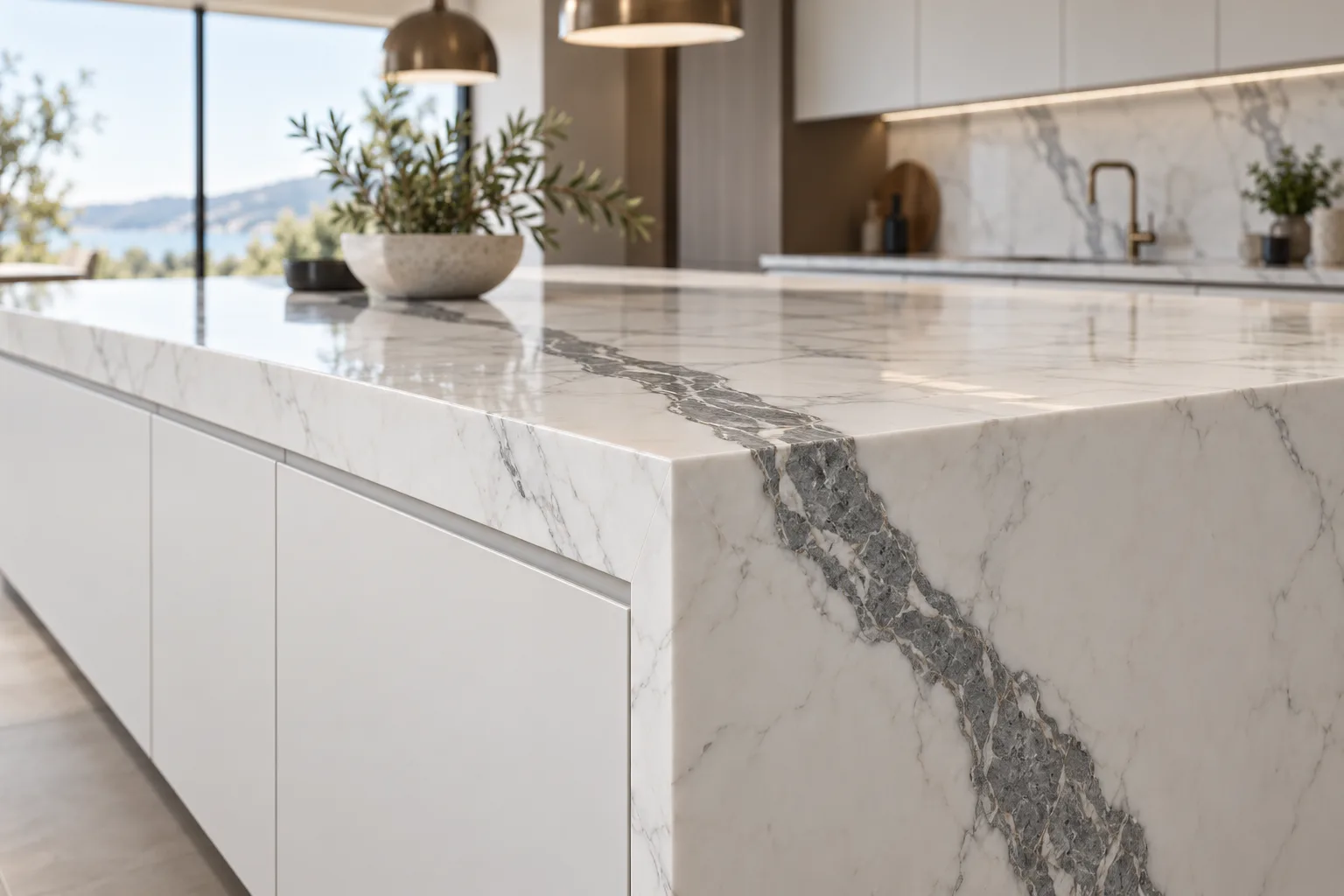 Vein-matched marble countertops with waterfall edges — custom fabricated in Foshan
