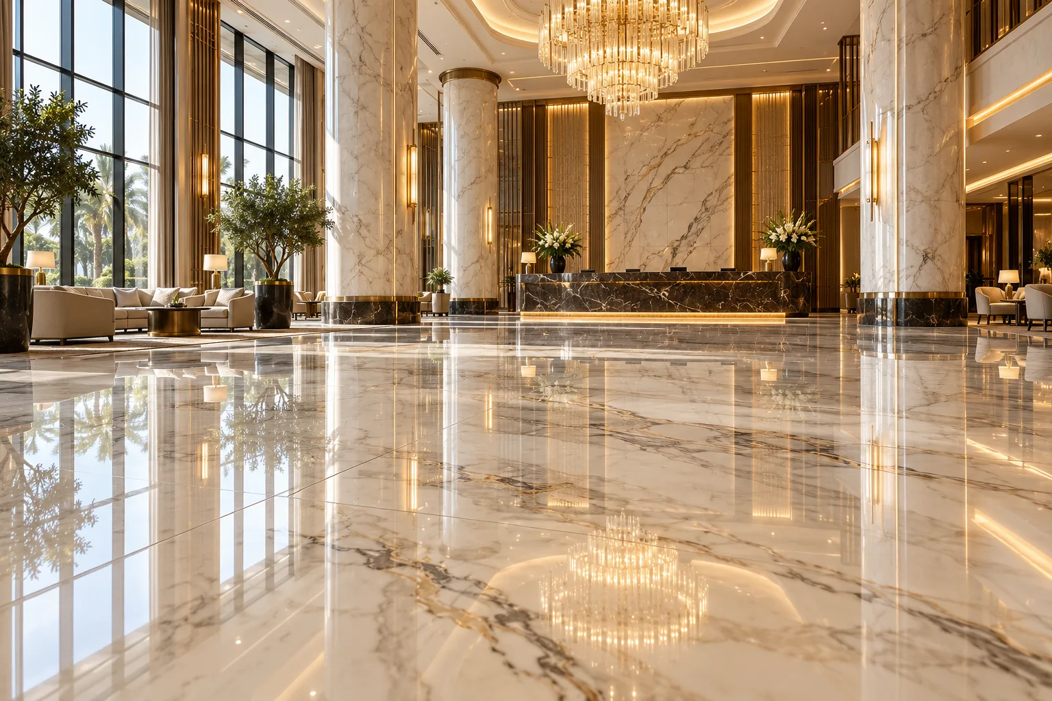 Large-format marble floor slabs in a hotel lobby — custom fabricated in Foshan