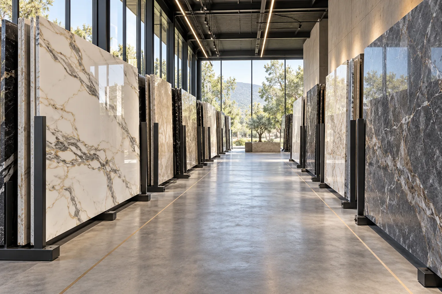 Rows of marble slabs on display in our slab gallery — one batch reserved per project