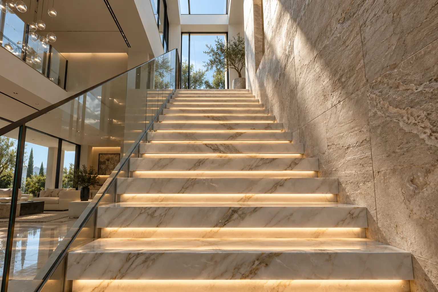 Marble staircase with recessed step lighting — custom fabricated in Foshan