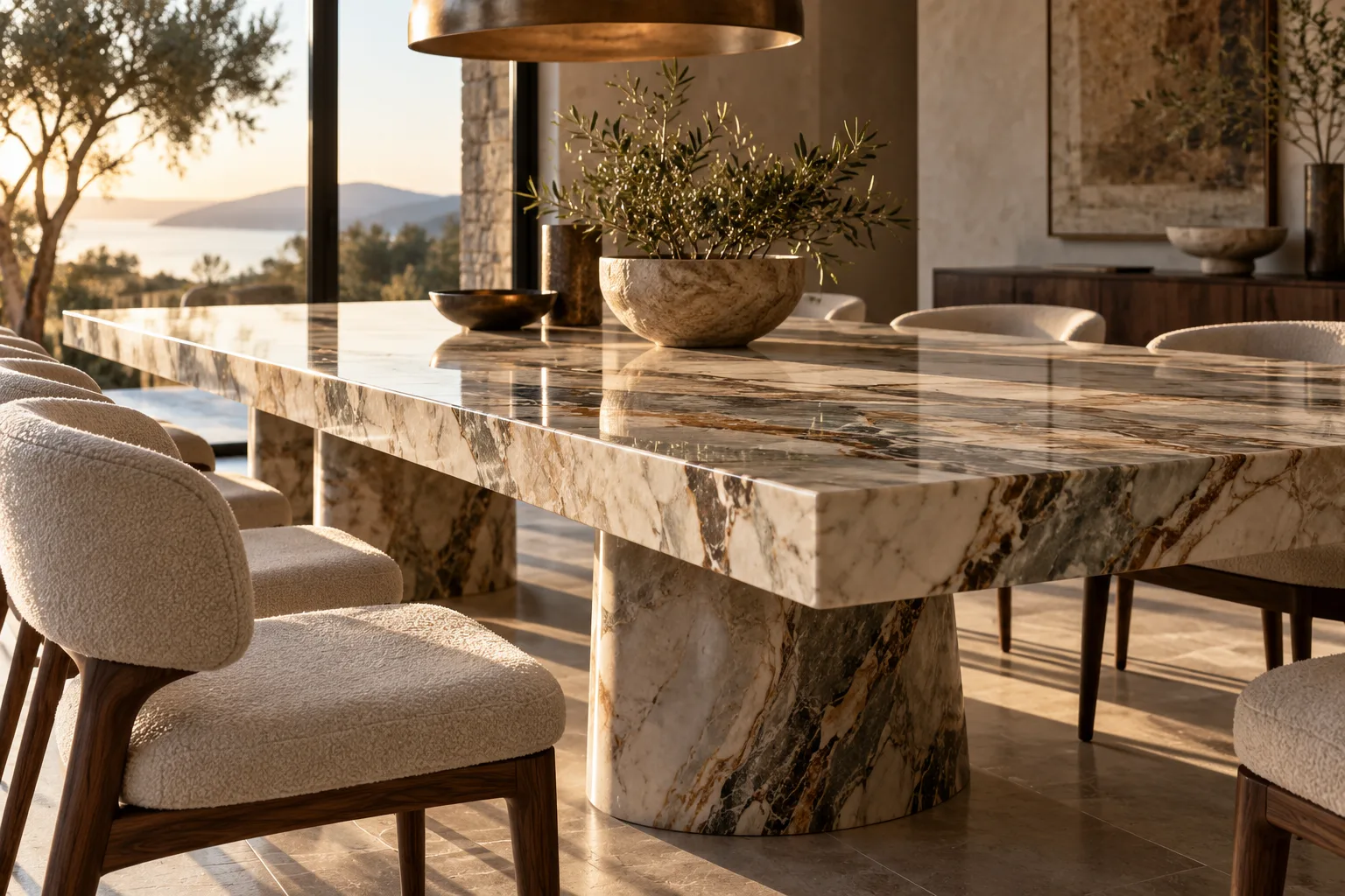 Dining table with a single luxury marble table top — custom fabricated in Foshan