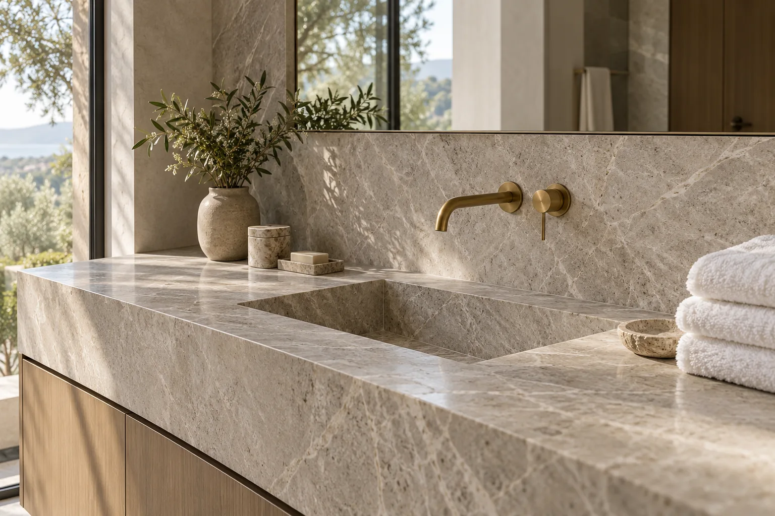 Marble bathroom vanity top with an undermount basin — custom fabricated in Foshan