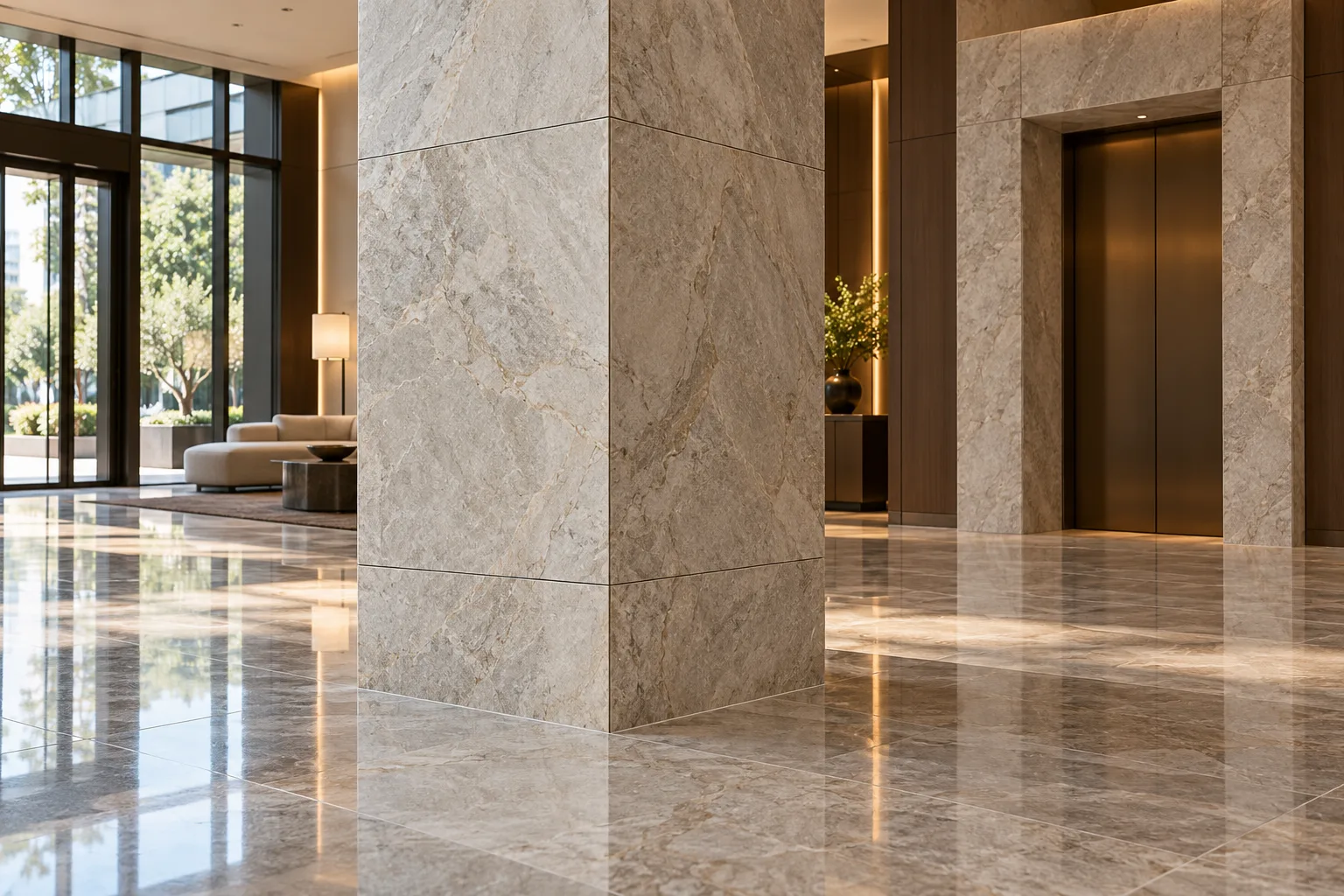 Stone column cladding detail in a hotel lobby — custom fabricated in Foshan