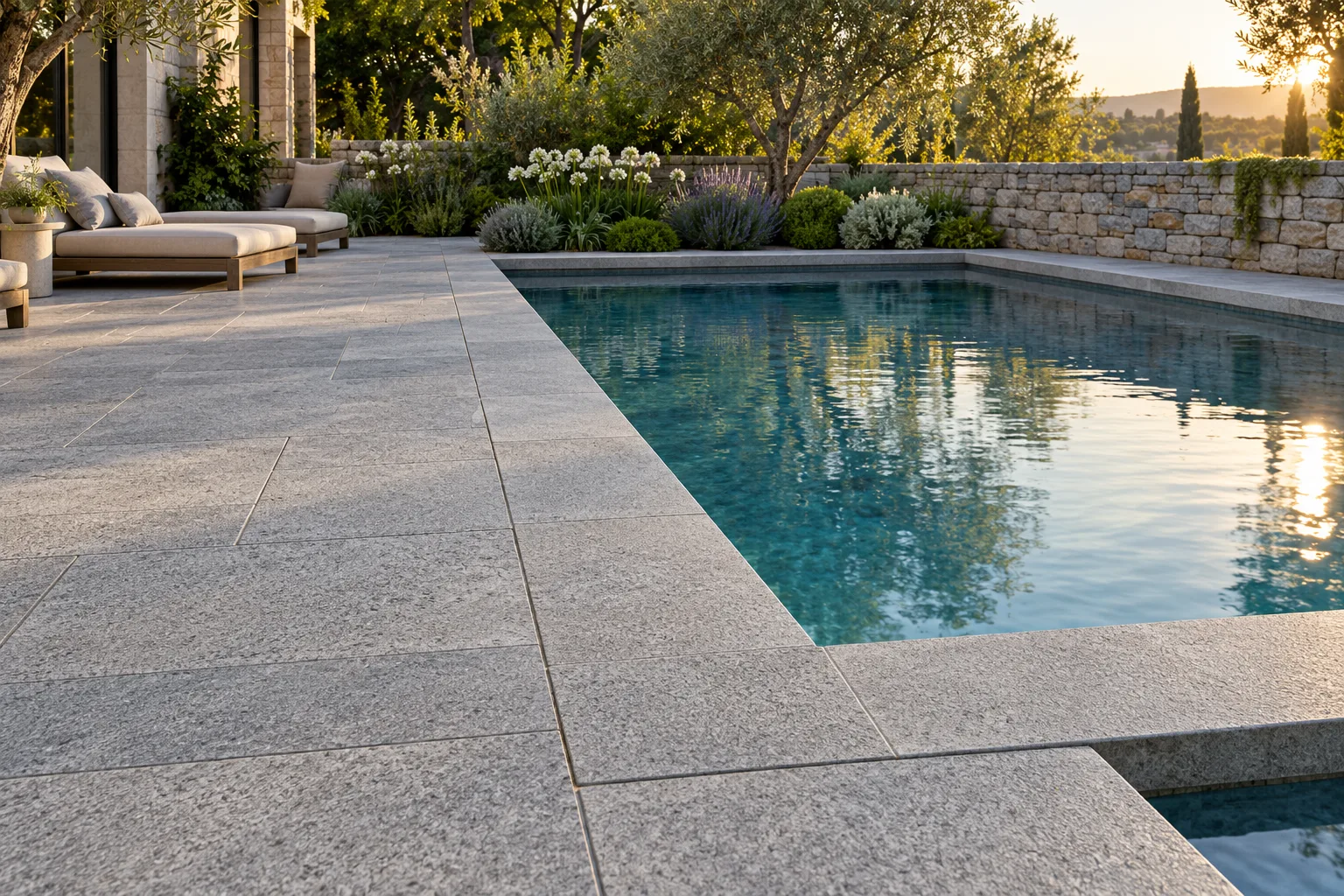 Flamed stone pavers around a courtyard pool — custom fabricated in Foshan