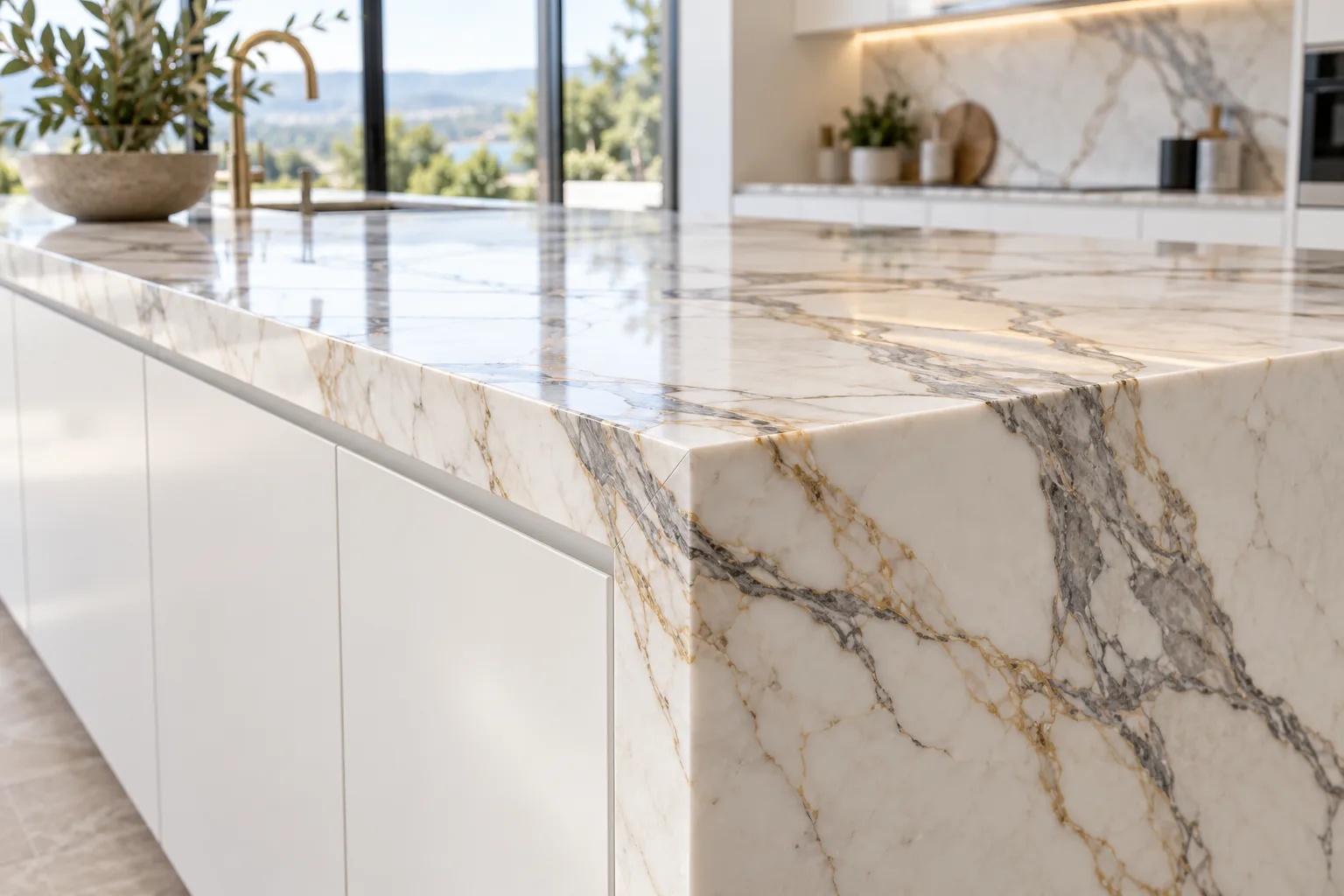 Marble kitchen countertop with a vein-matched waterfall edge — custom fabricated in Foshan
