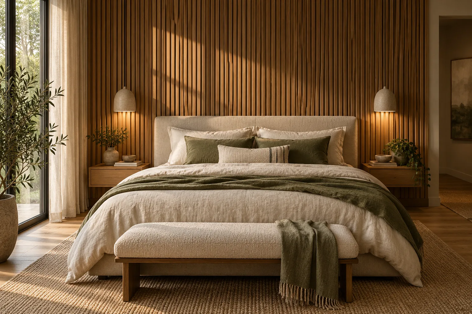 Oak acoustic slat wall panels behind a bed with warm bedside lighting — custom made in Foshan