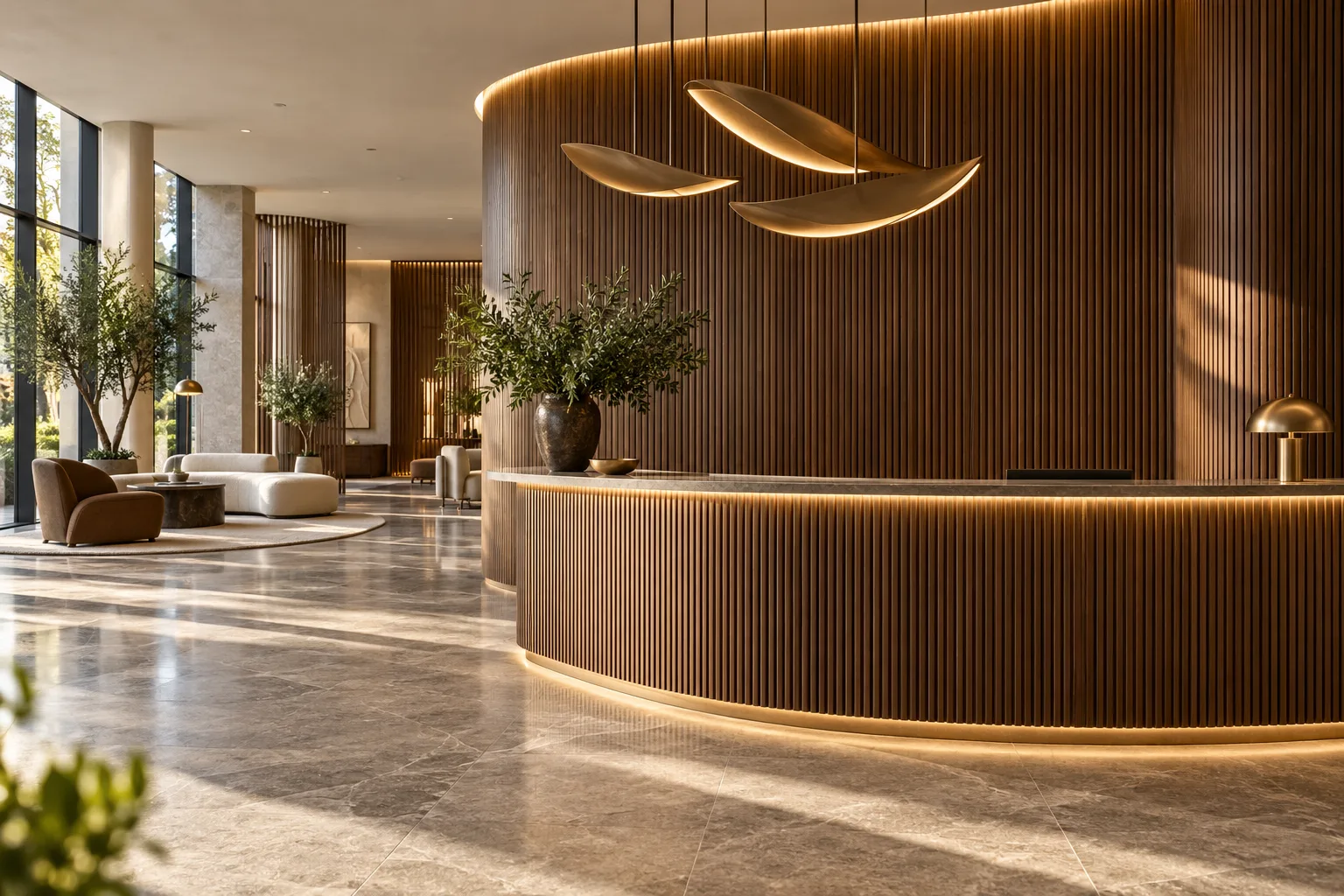 Curved fluted wall panels on a reception counter in a boutique hotel lobby — custom made in Foshan