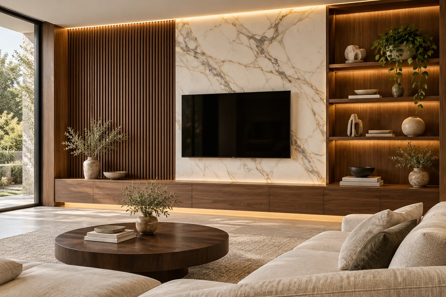 Living room decorative wall panels combining fluted panels, marble-effect sheet and open shelving — custom made in Foshan