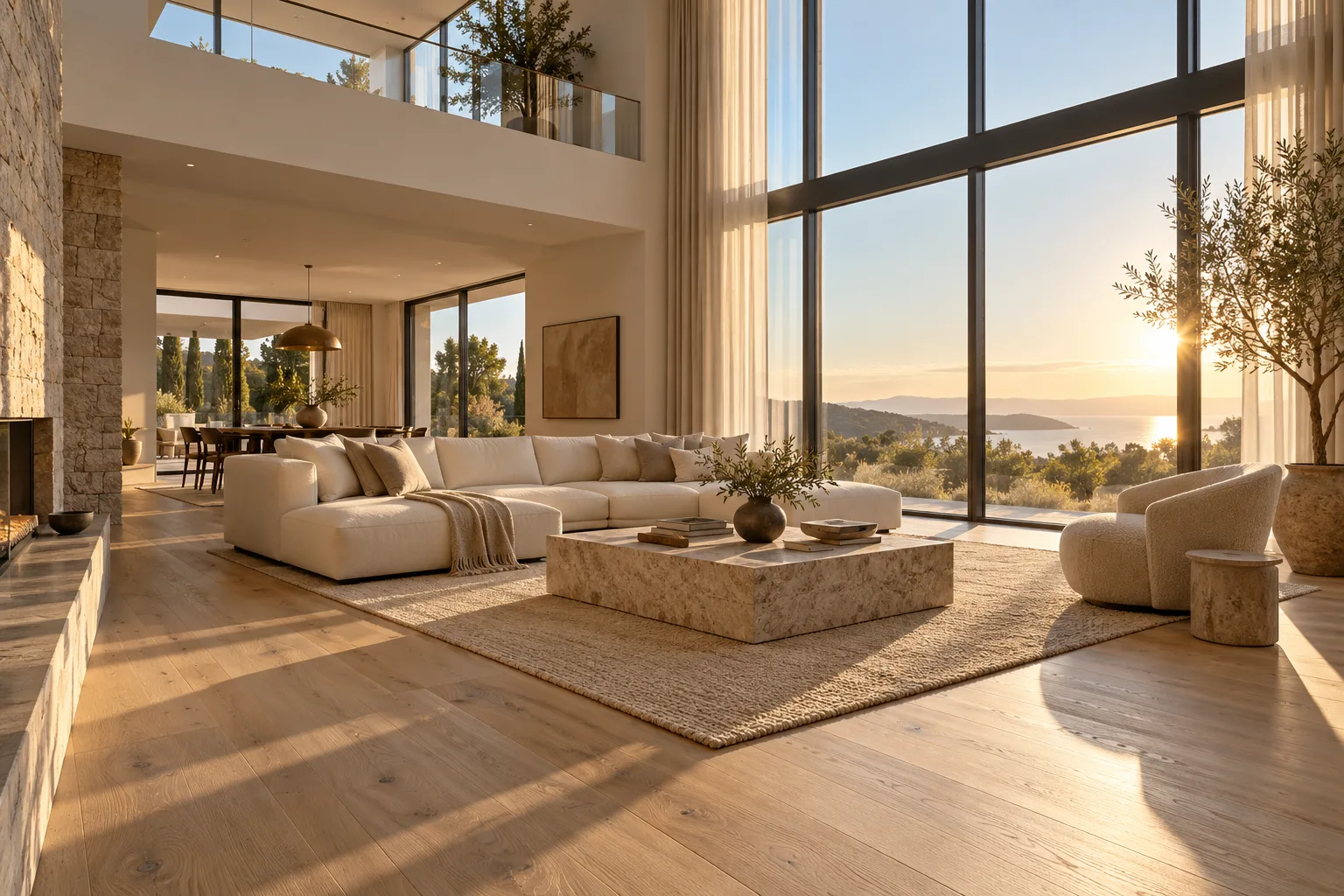 Wide-plank brushed engineered wood flooring in a villa living room — custom made in Foshan