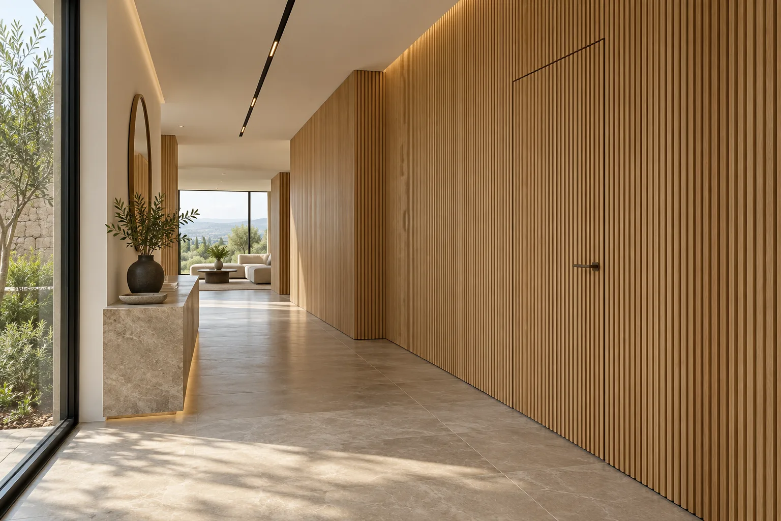 Hallway with fluted wall panels and a concealed flush door — custom made in Foshan