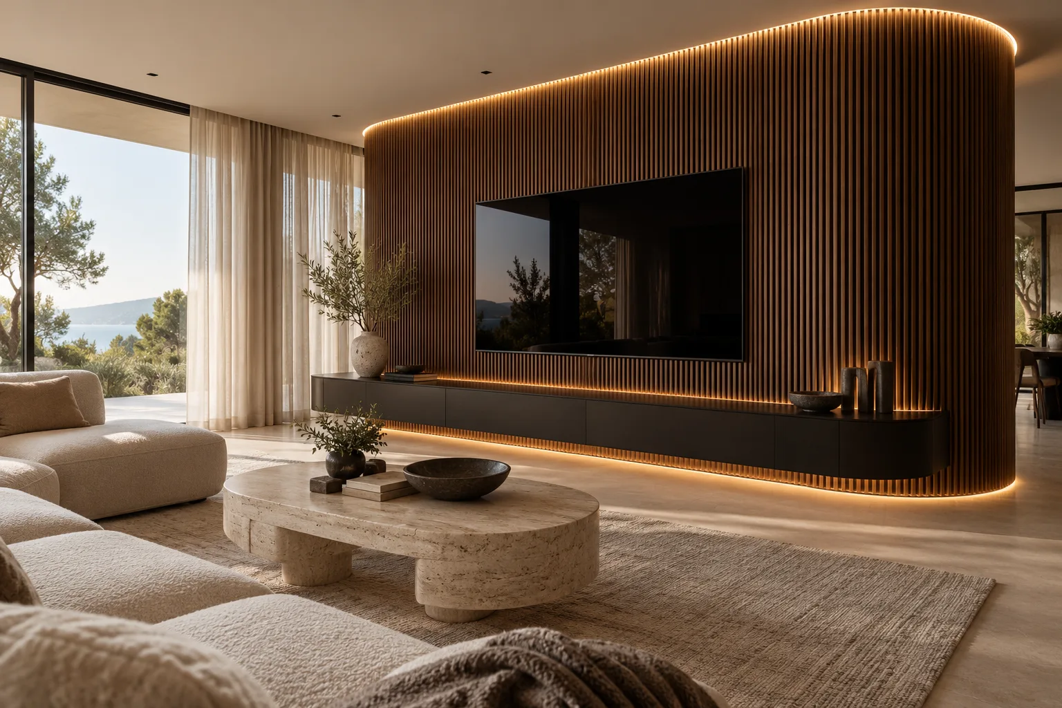 Curved walnut fluted wall panels on a TV wall with concealed LED lighting — custom made in Foshan