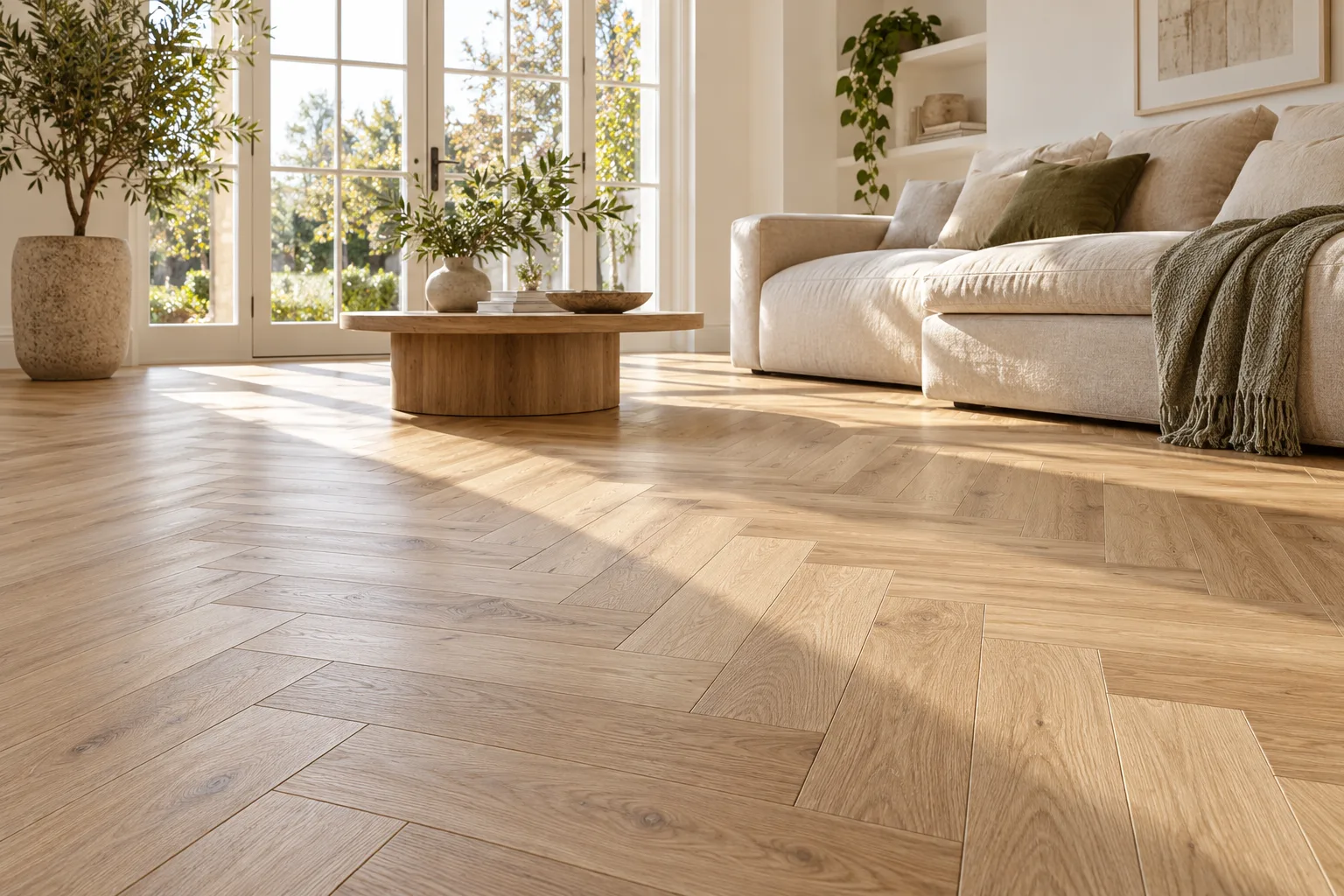 Herringbone SPC flooring in a bright living room — custom made in Foshan