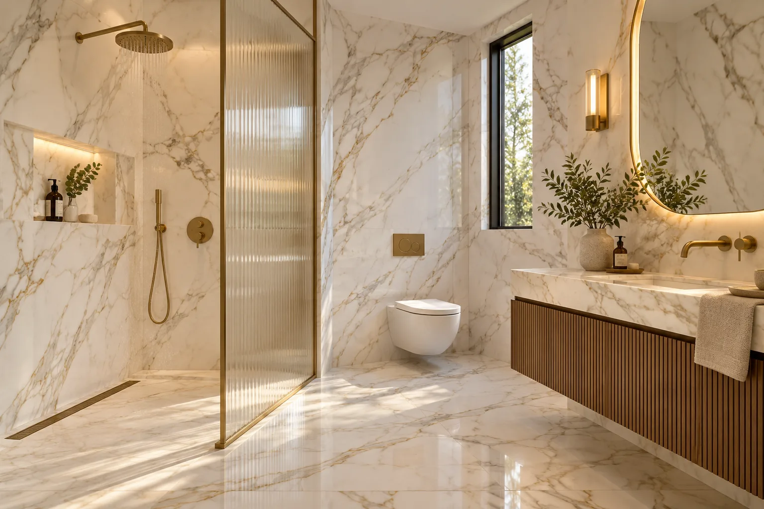 Calacatta-look PVC marble wall panels in a bathroom with brass fittings — custom made in Foshan