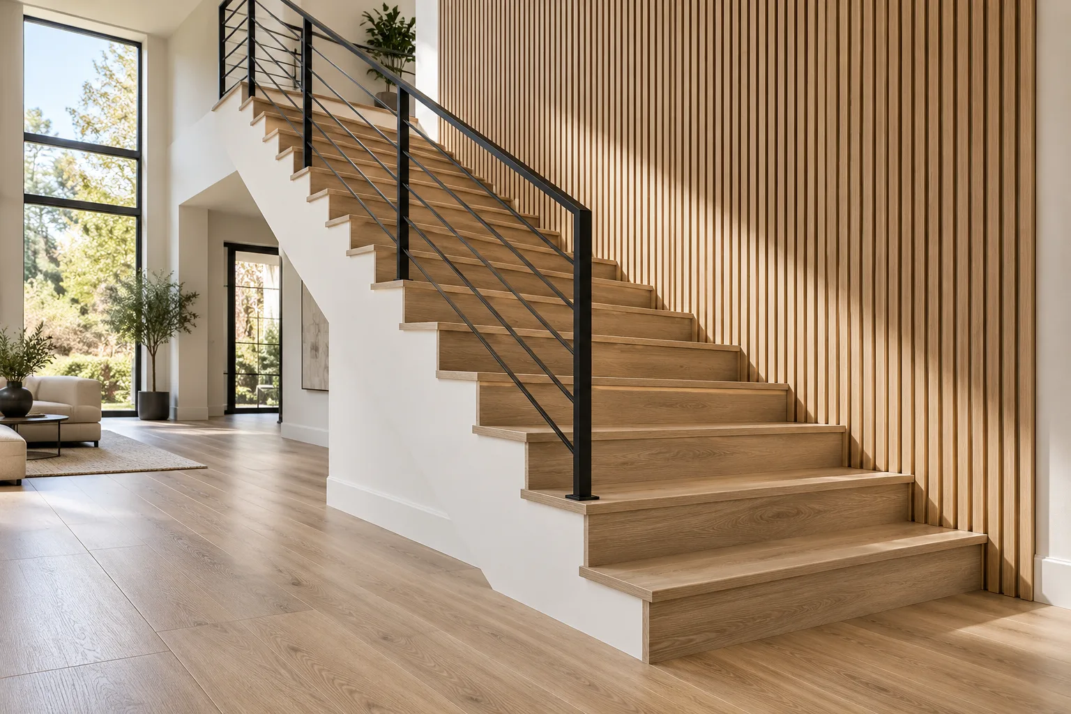 Staircase clad in matching SPC flooring with factory-made stair nosing — custom made in Foshan