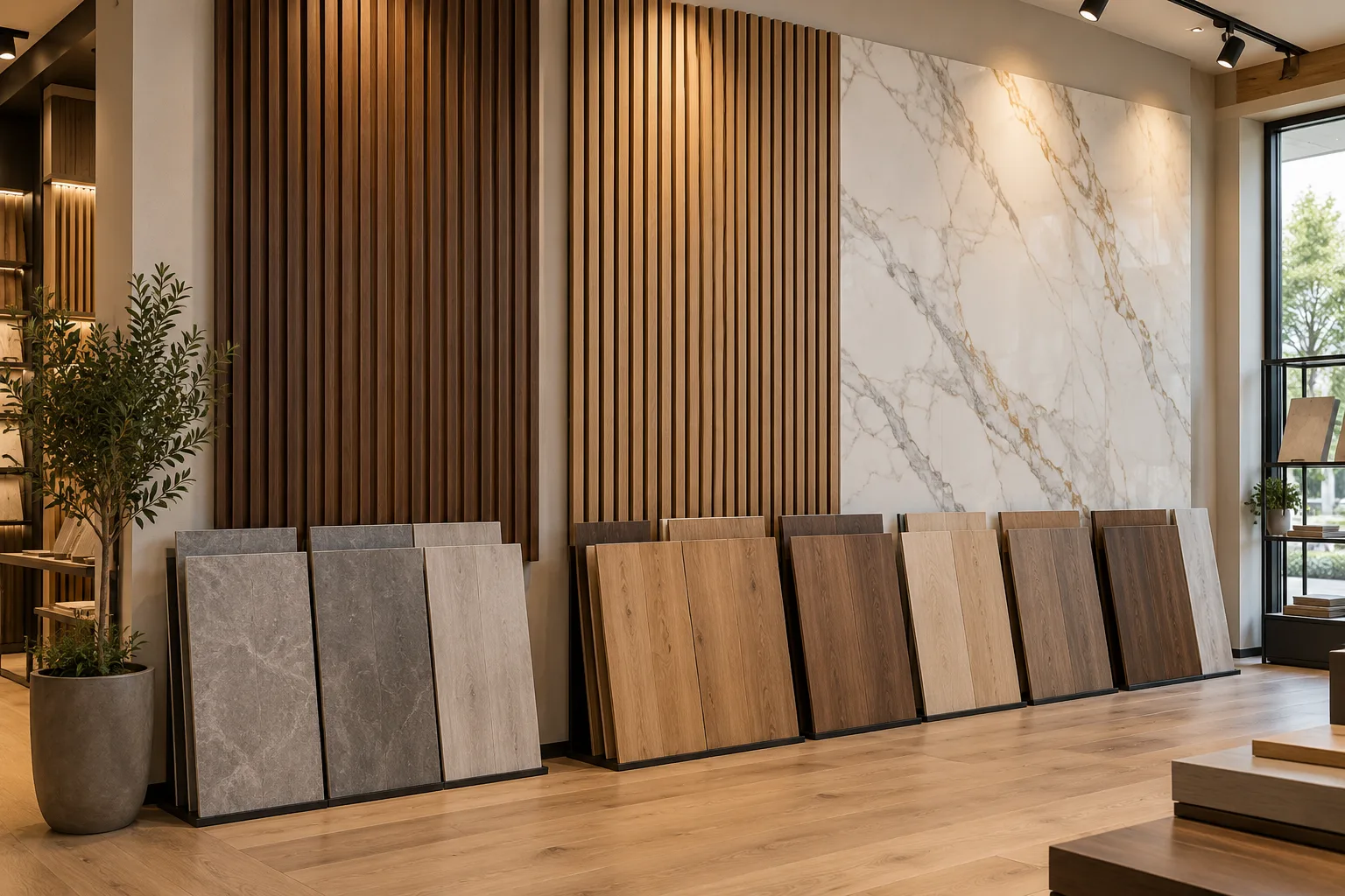 Sample wall of fluted, slat and marble-effect wall panels above SPC and engineered wood flooring displays in our Foshan showroom
