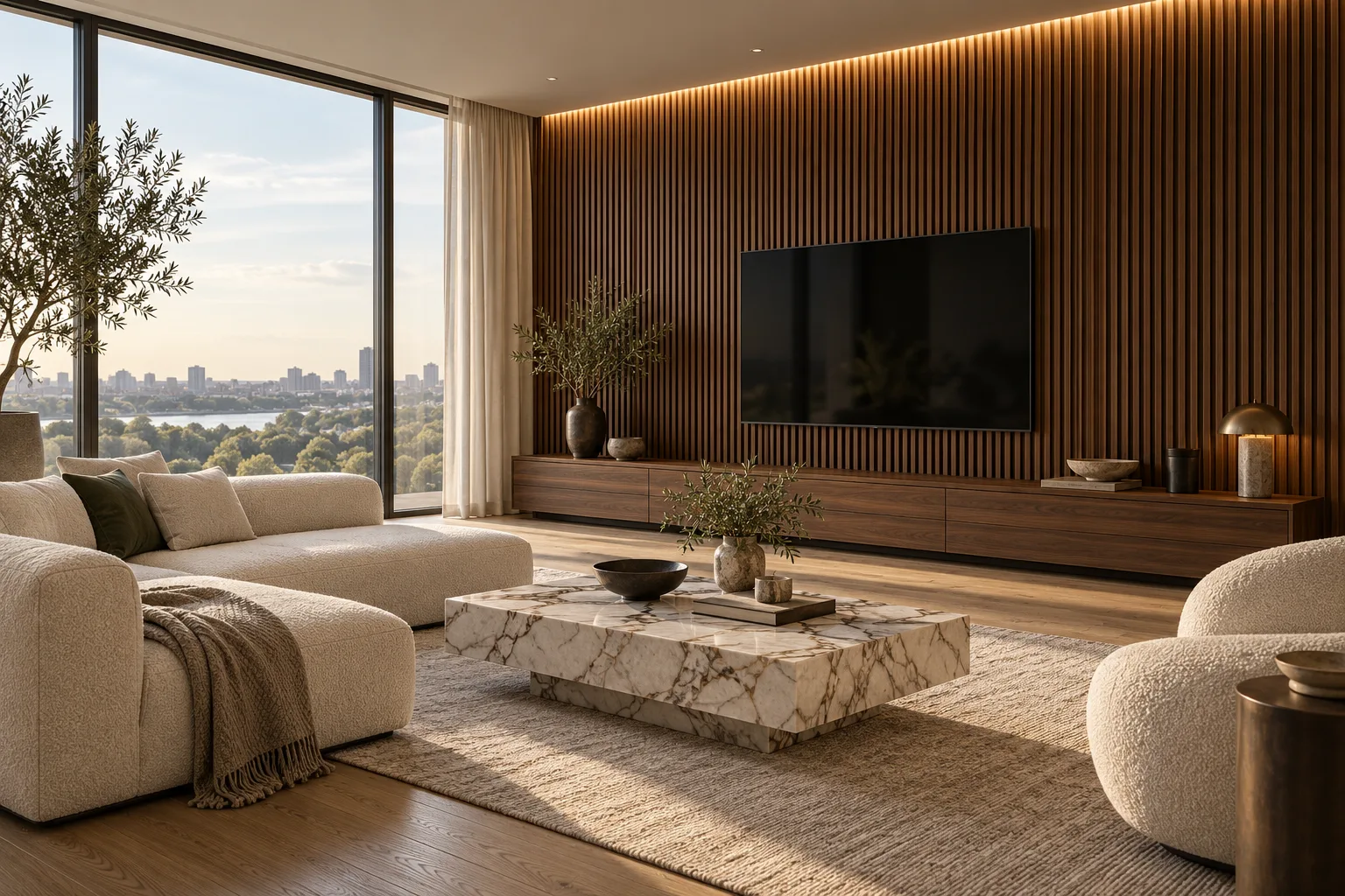 WPC fluted wall panels in walnut with warm LED lighting and oak-look flooring — custom made in Foshan