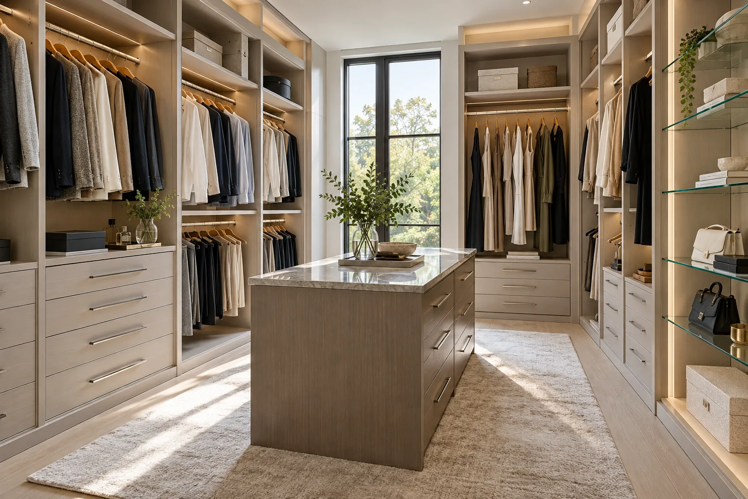 Walk-in closet system with rails, drawers and glass panels — custom made in Foshan